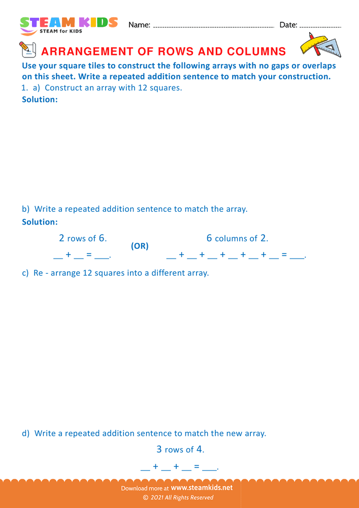 Free Math Worksheet - Arrangement of Rows and coloumns - Worksheet 32