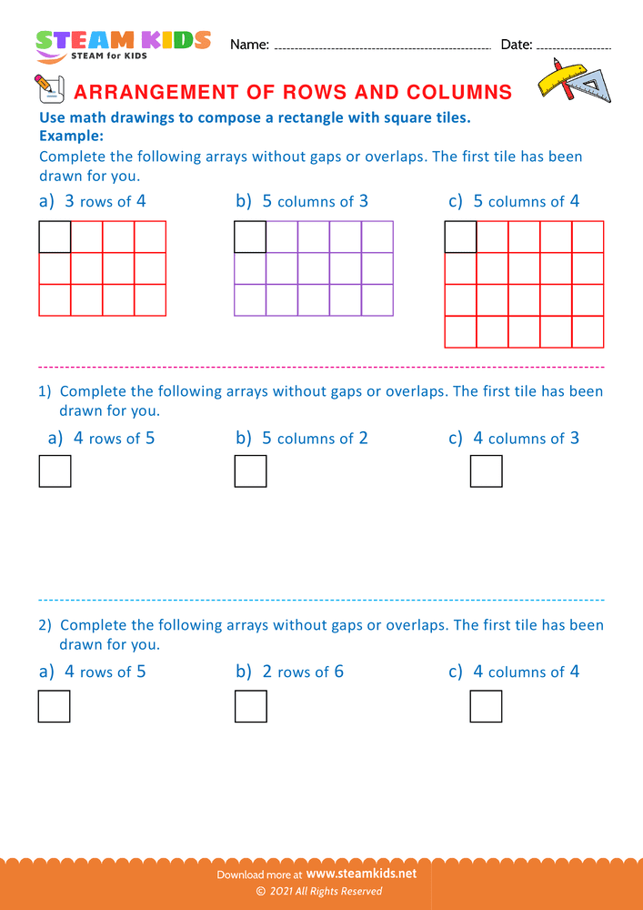 Free Math Worksheet - Arrangement of Rows and coloumns - Worksheet 37