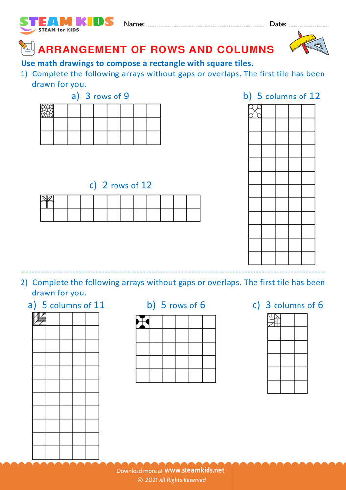 Free Math Worksheet - Arrangement of Rows and coloumns - Worksheet 39