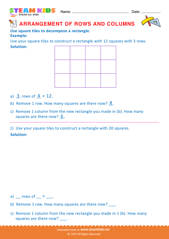 Free Math Worksheet - Arrangement of Rows and coloumns - Worksheet 41
