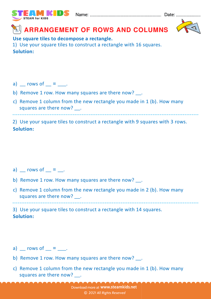 Free Math Worksheet - Arrangement of Rows and coloumns - Worksheet 42