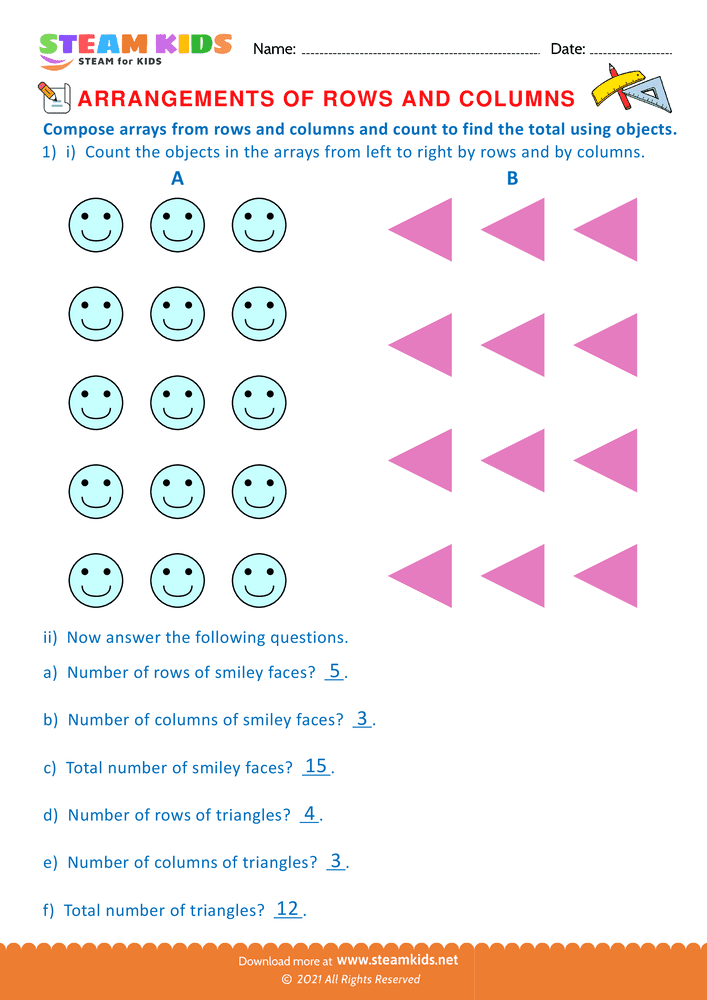 Free Math Worksheet - Arrangement of Rows and coloumns - Worksheet 43
