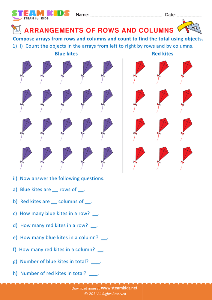 Free Math Worksheet - Arrangement of Rows and coloumns - Worksheet 44