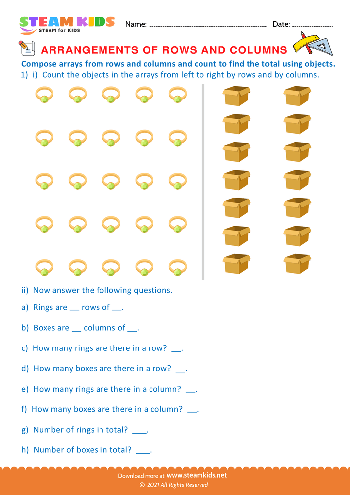 Free Math Worksheet - Arrangement of Rows and coloumns - Worksheet 46