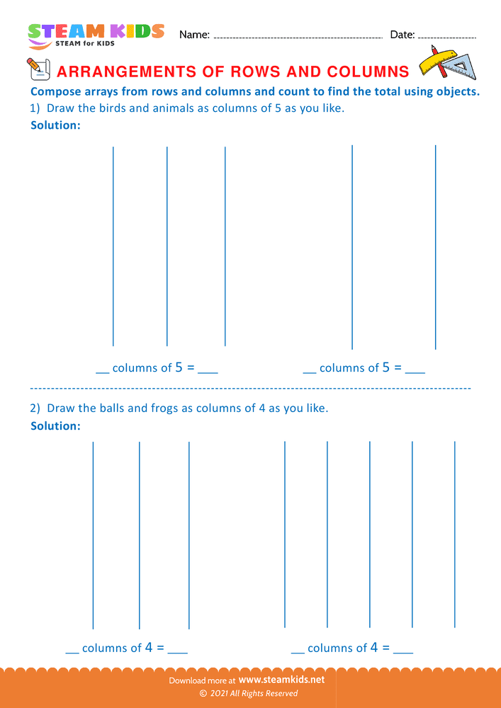 Free Math Worksheet - Arrangement of Rows and coloumns - Worksheet 48