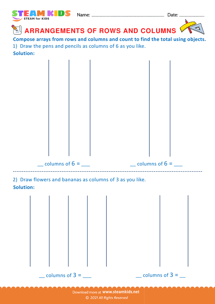 Free Math Worksheet - Arrangement of Rows and coloumns - Worksheet 49