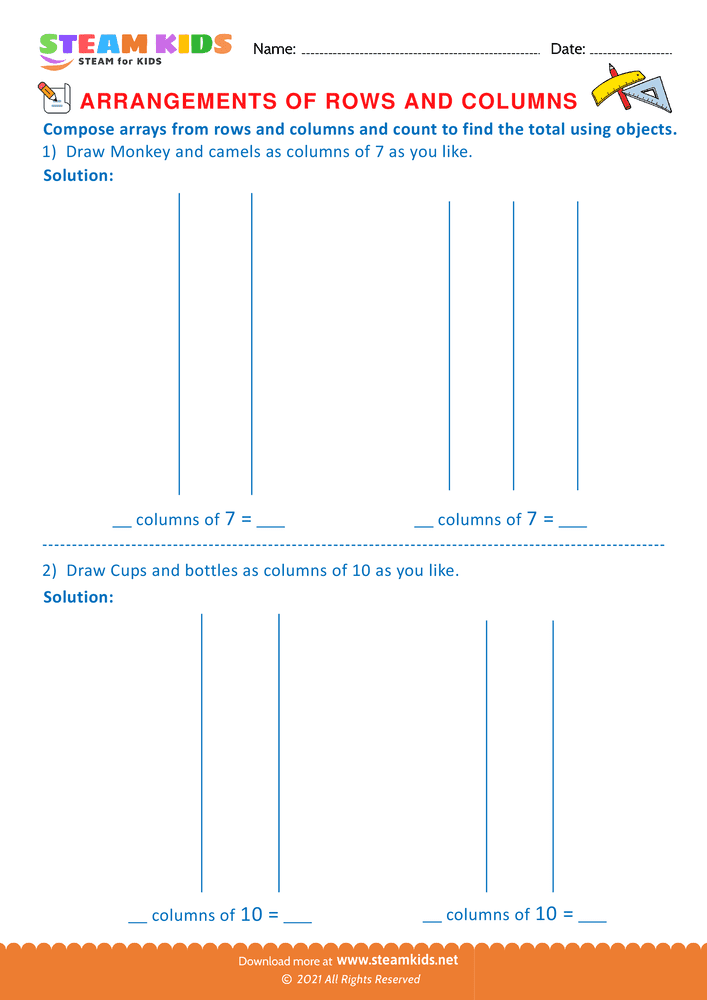 Free Math Worksheet - Arrangement of Rows and coloumns - Worksheet 51