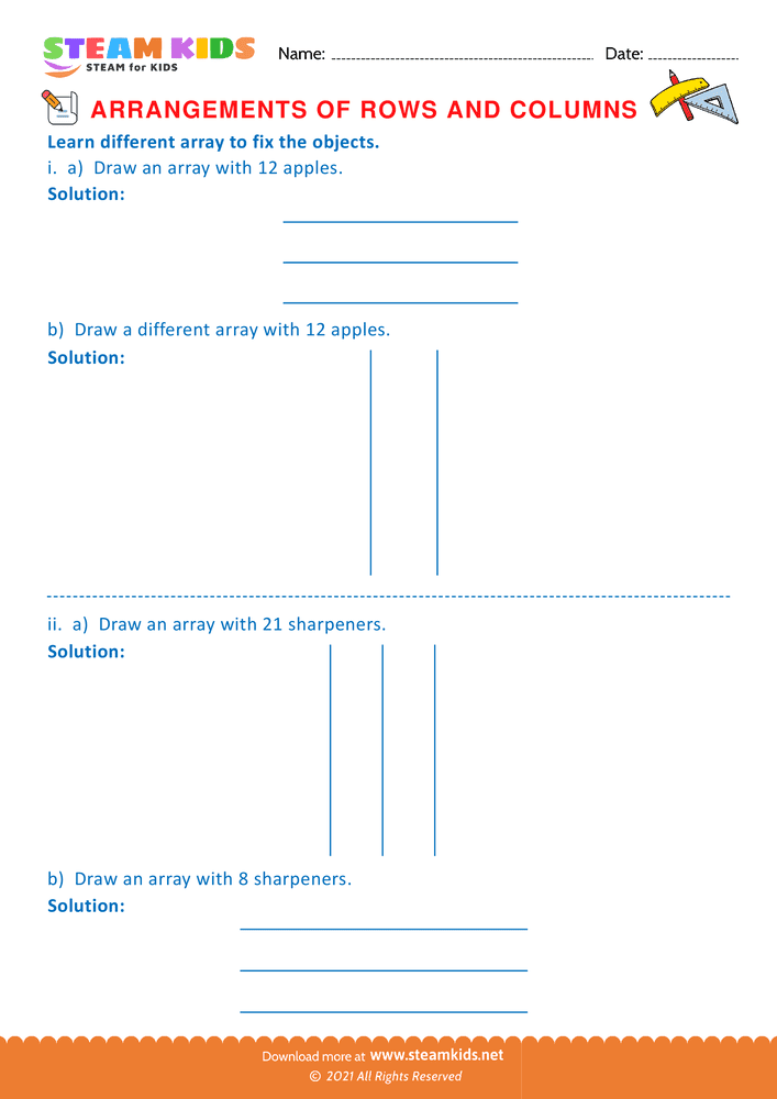 Free Math Worksheet - Arrangement of Rows and coloumns - Worksheet 54