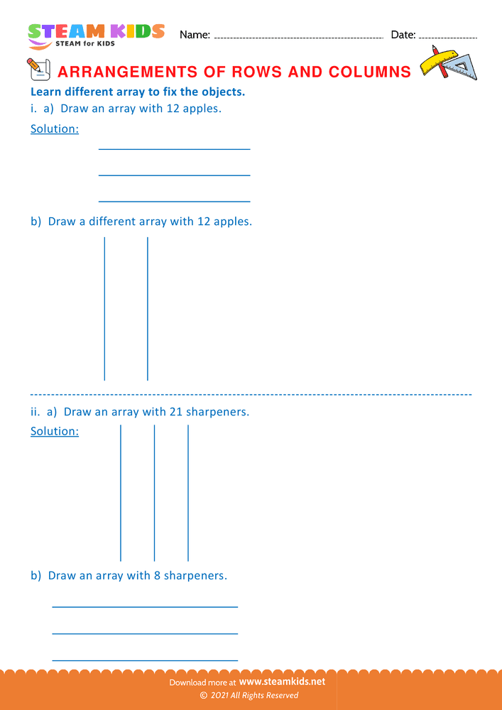 Free Math Worksheet - Arrangement of Rows and coloumns - Worksheet 56
