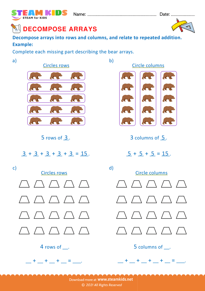 Free Math Worksheet - Decompose Arrays - Worksheet 1