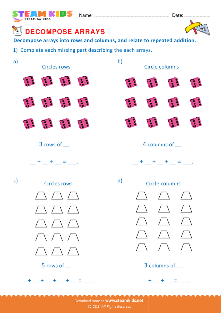 Free Math Worksheet - Decompose Arrays - Worksheet 2 - STEAM KIDS