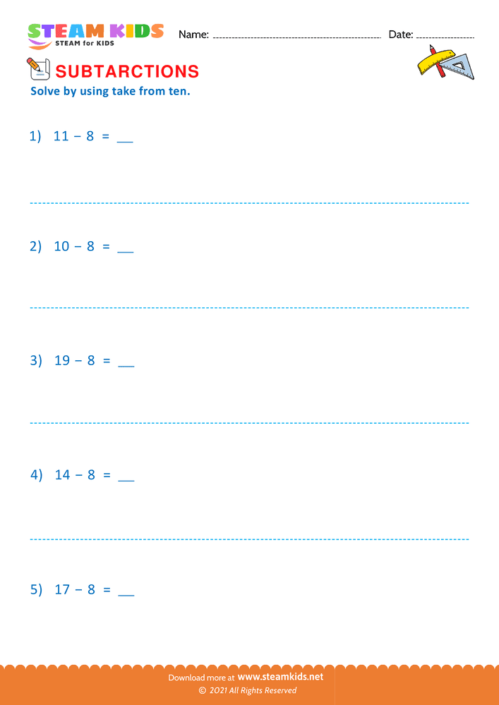 Free Math Worksheet - Take from ten - Worksheet 2