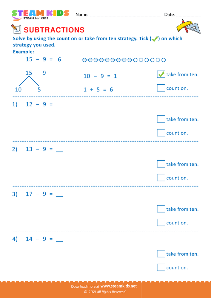 Free Math Worksheet - Take from ten - Worksheet 5