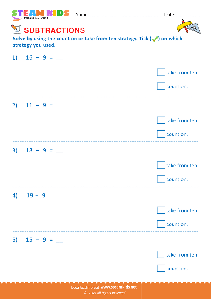 Free Math Worksheet - Take from ten - Worksheet 6