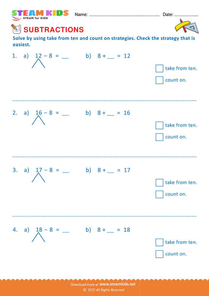 Free Math Worksheet - Take from ten - Worksheet 8