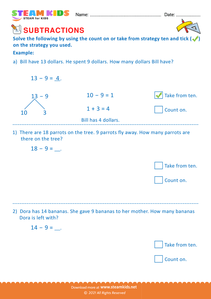 Free Math Worksheet - Count on or take from strategy ten - Worksheet 1