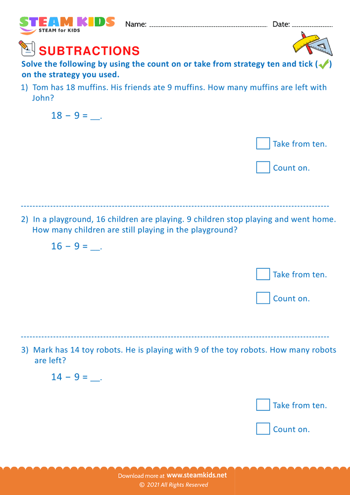 Free Math Worksheet - Count on or take from strategy ten - Worksheet 2