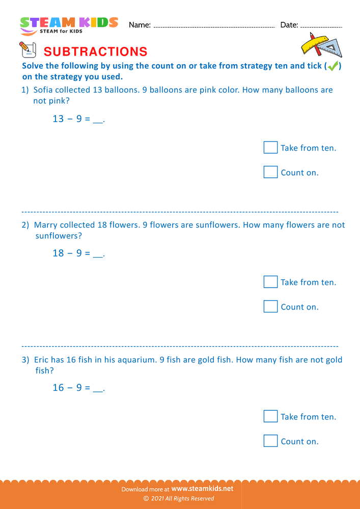 Free Math Worksheet - Count on or take from strategy ten - Worksheet 4