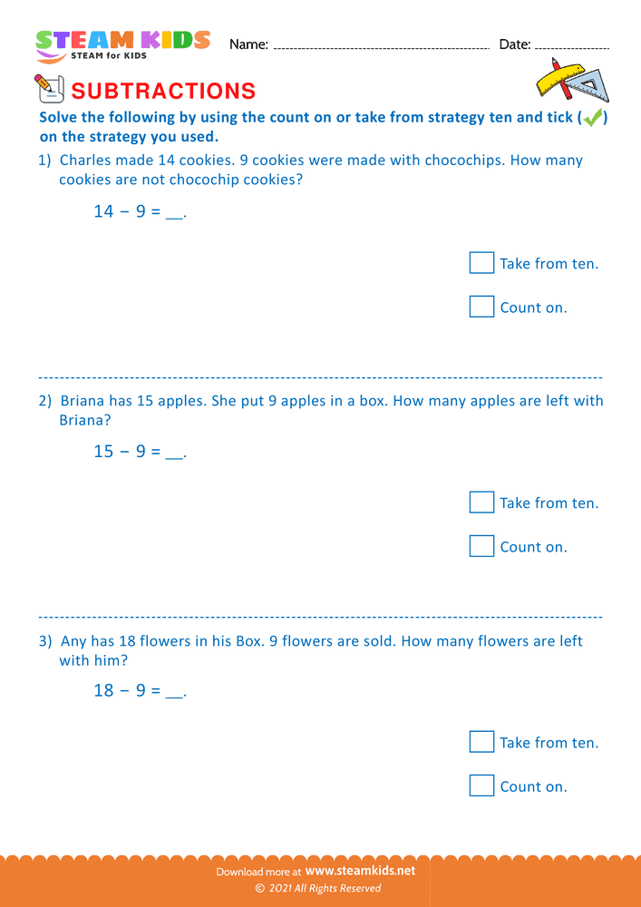 Free Math Worksheet - Count on or take from strategy ten - Worksheet 5