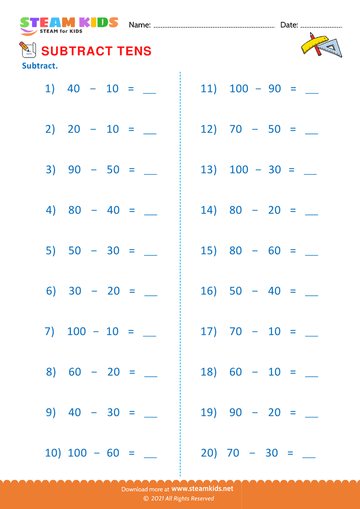 Free Math Worksheet - Subtract tens - Worksheet 1