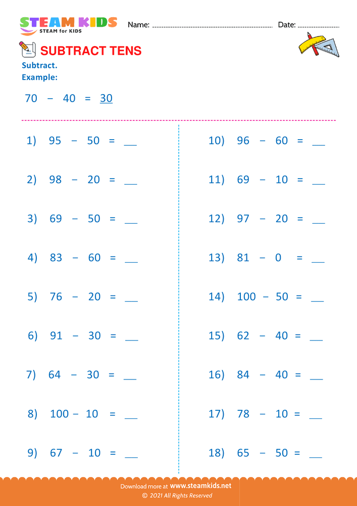 Free Math Worksheet - Subtract tens - Worksheet 2