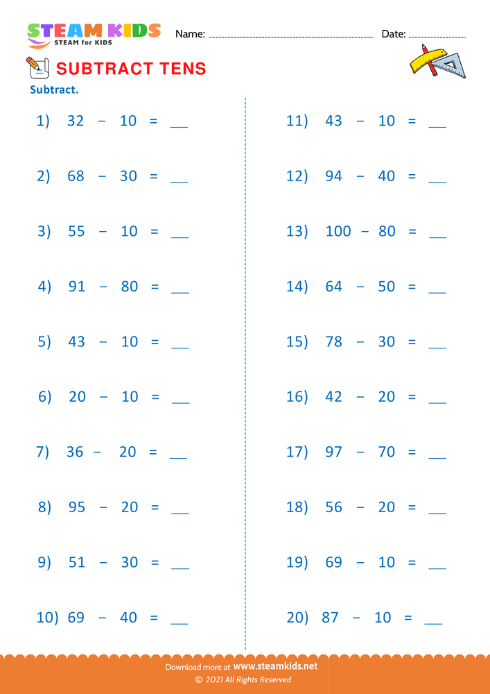 Free Math Worksheet - Subtract tens - Worksheet 3