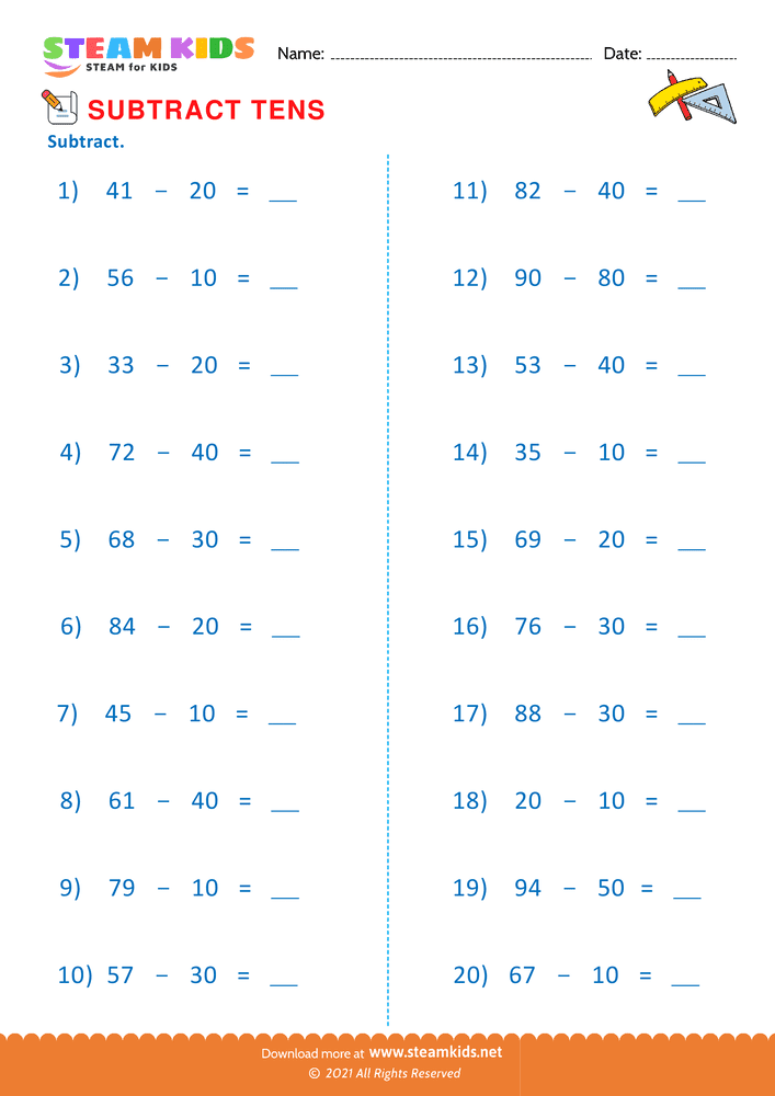 Free Math Worksheet - Subtract tens - Worksheet 4