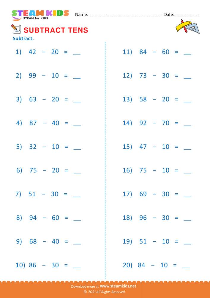Free Math Worksheet - Subtract tens - Worksheet 5