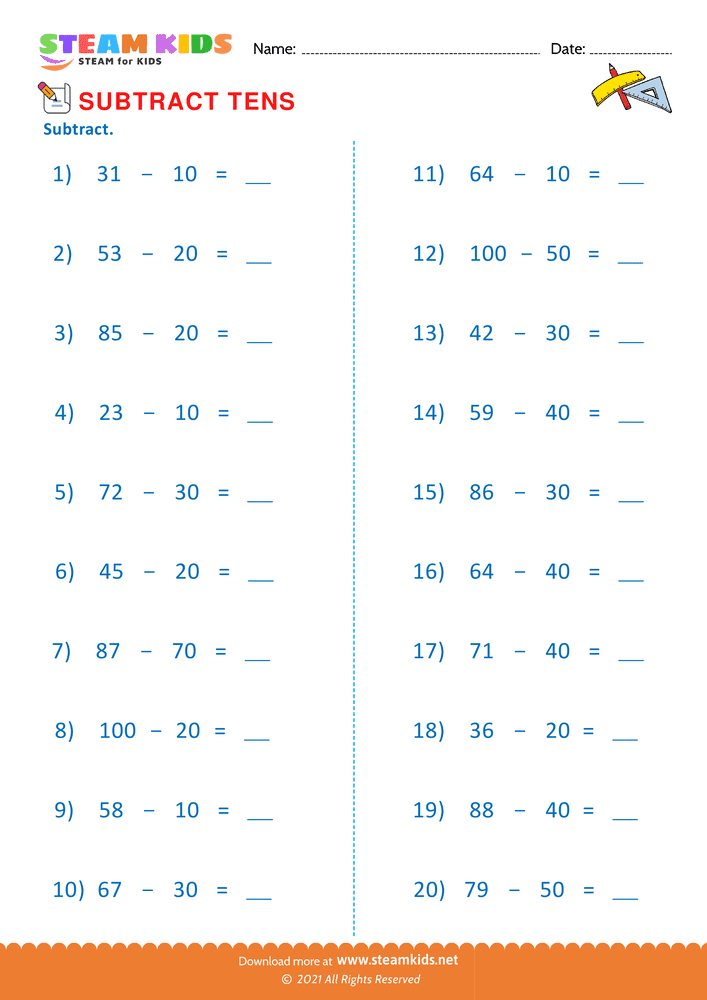 Free Math Worksheet - Subtract tens - Worksheet 6