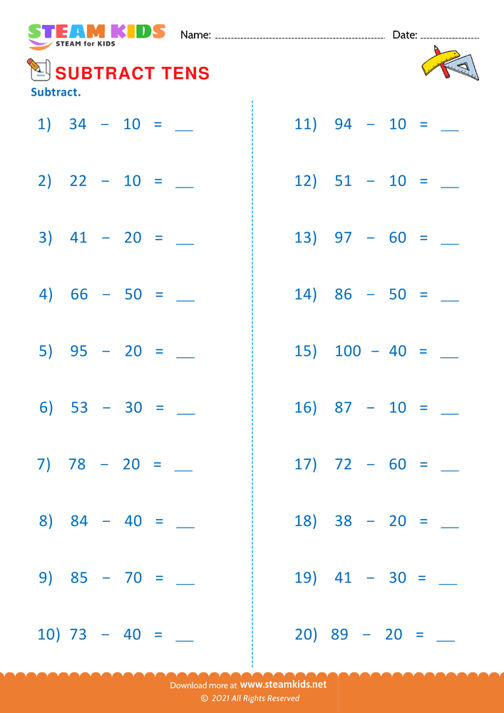 Free Math Worksheet - Subtract tens - Worksheet 7