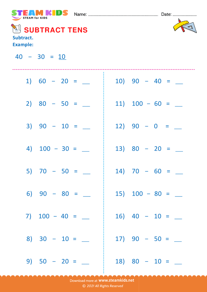 Free Math Worksheet - Subtract tens - Worksheet 8