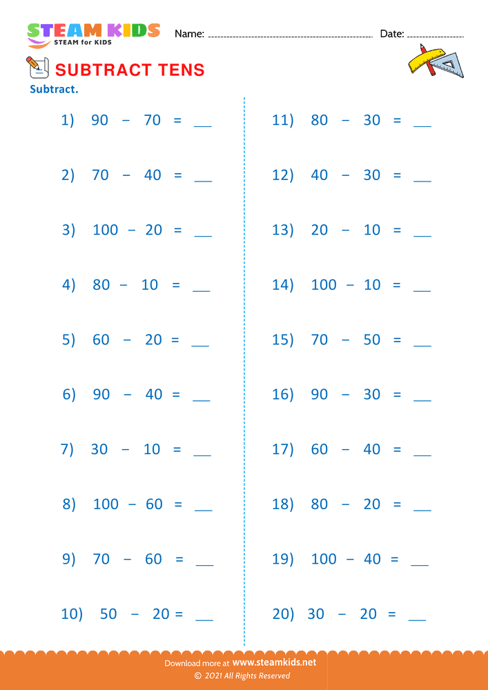 Free Math Worksheet - Subtract tens - Worksheet 9