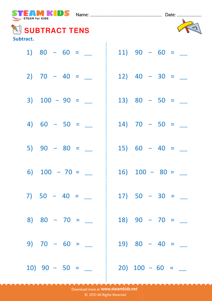 Free Math Worksheet - Subtract tens - Worksheet 10