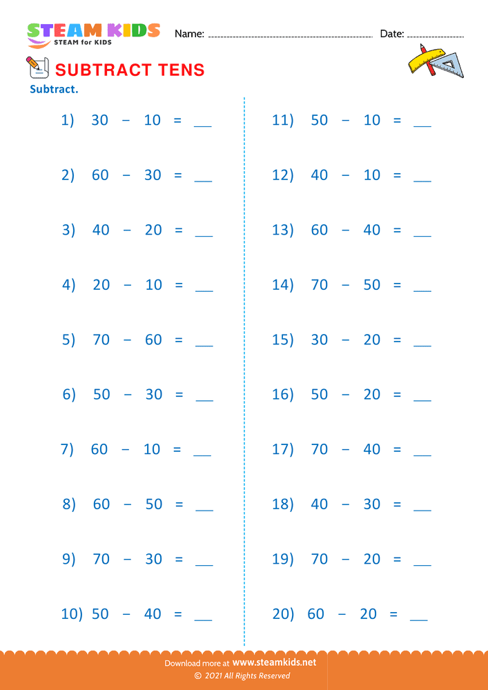 Free Math Worksheet - Subtract tens - Worksheet 11