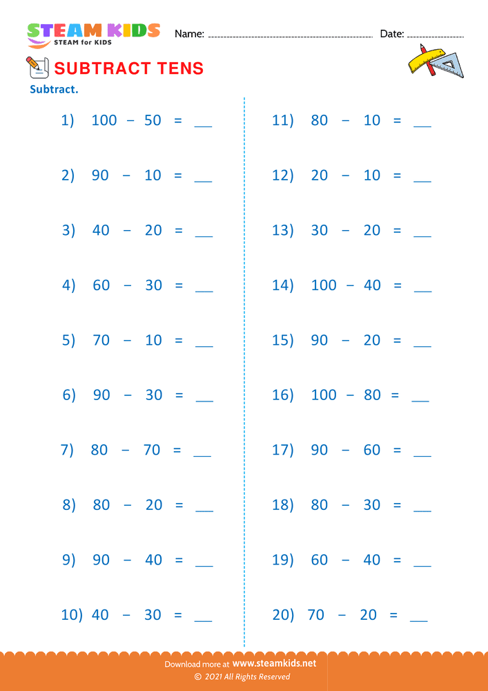 Free Math Worksheet - Subtract tens - Worksheet 12