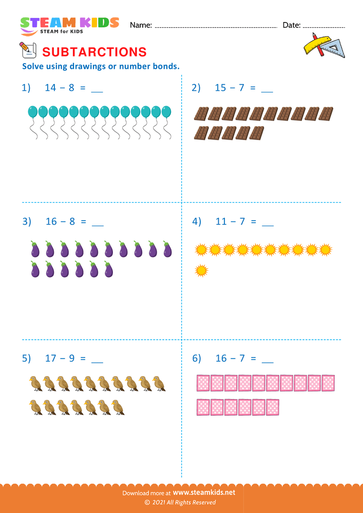 Free Math Worksheet - Subtract using drawings - Worksheet 3