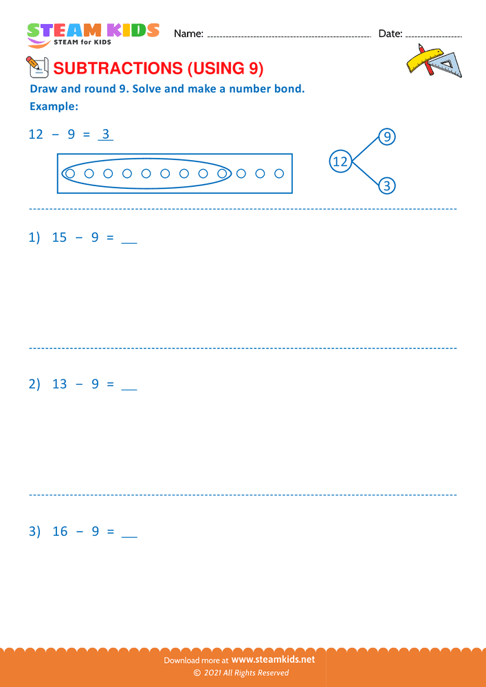 Free Math Worksheet - Subtract using 9 - Worksheet 2