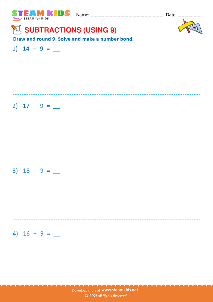 Free Math Worksheet - Subtract using 9 - Worksheet 3