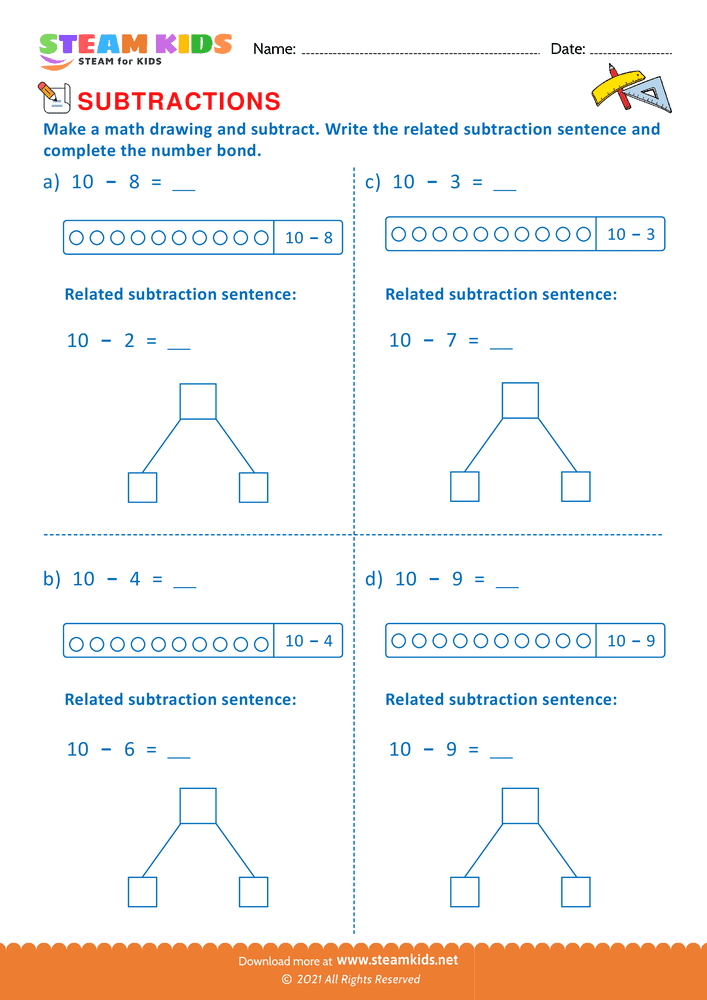 Free Math Worksheet - Subtration number sentence - Worksheet 8