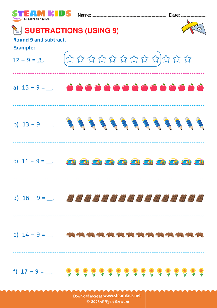 Free Math Worksheet - Round 9 and subtract - Worksheet 1