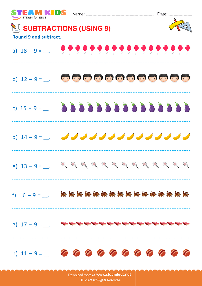 Free Math Worksheet - Round 9 and subtract - Worksheet 3