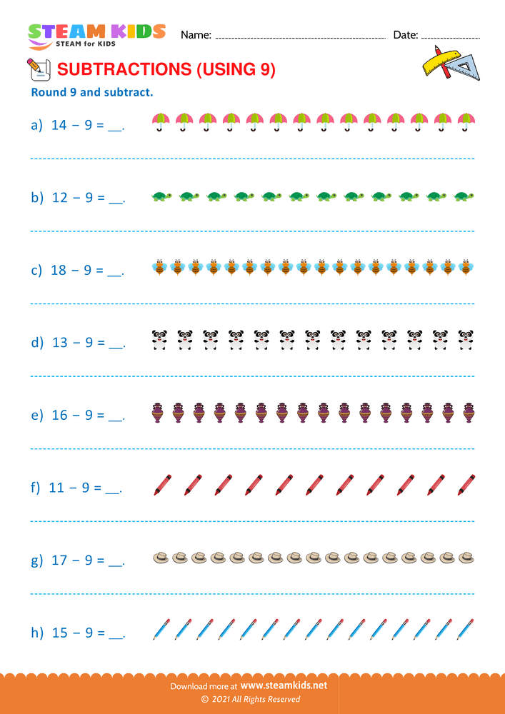 Free Math Worksheet - Round 9 and subtract - Worksheet 5