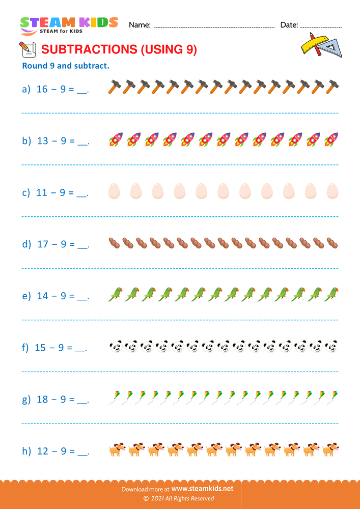 Free Math Worksheet - Round 9 and subtract - Worksheet 6