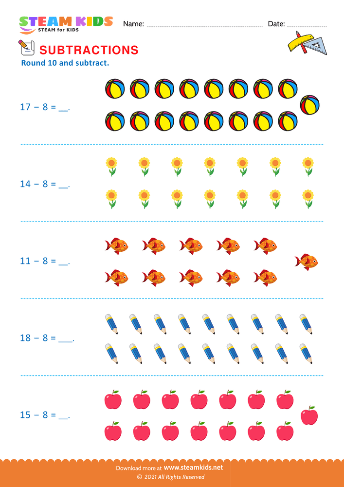 Free Math Worksheet - Round 10 and subtract - Worksheet 2