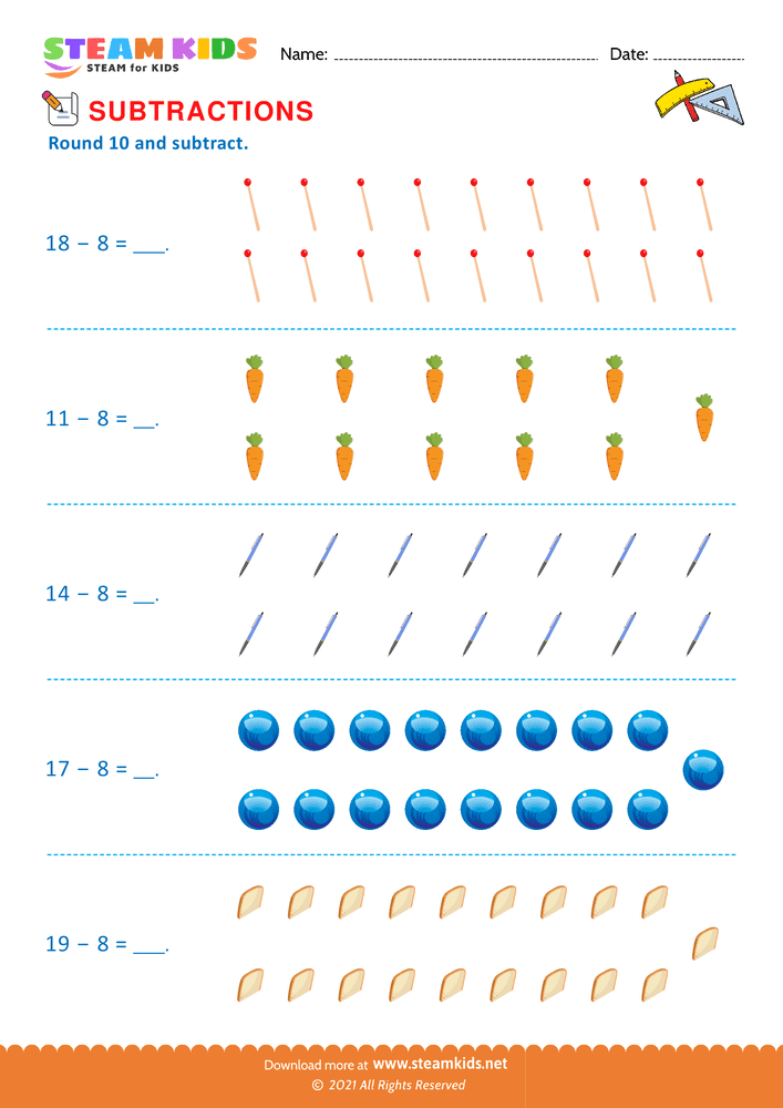 Free Math Worksheet - Round 10 and subtract - Worksheet 7