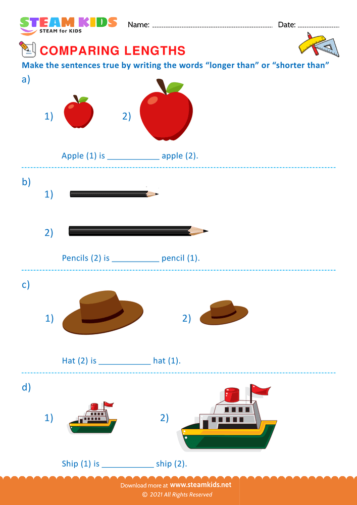 Free Math Worksheet - Compare length of objects - Worksheet 1