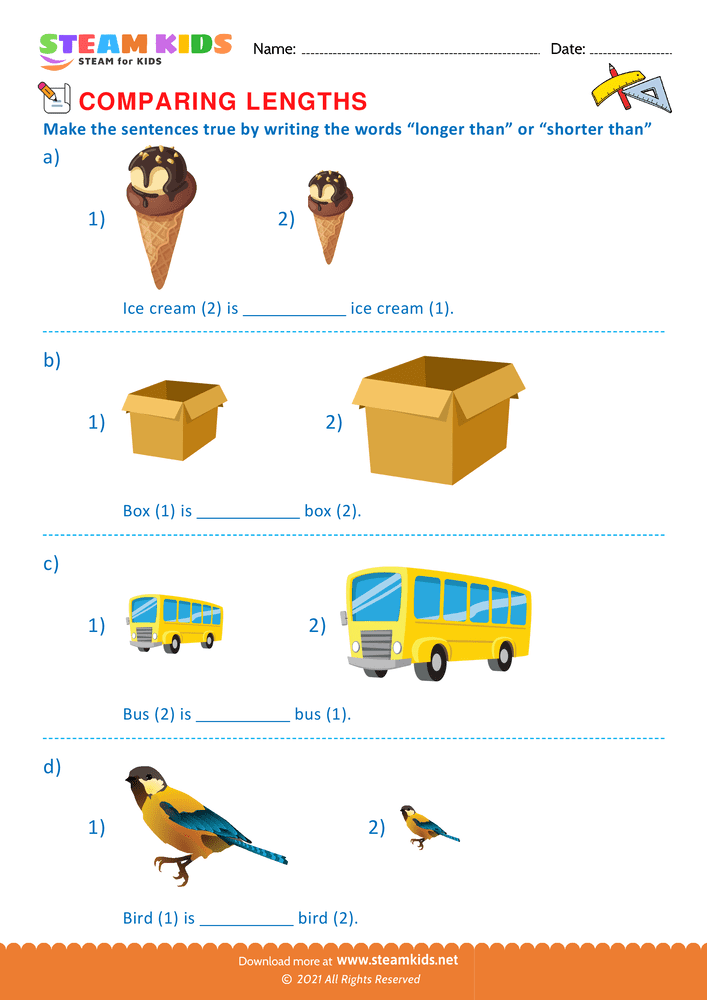 Free Math Worksheet - Compare length of objects - Worksheet 2