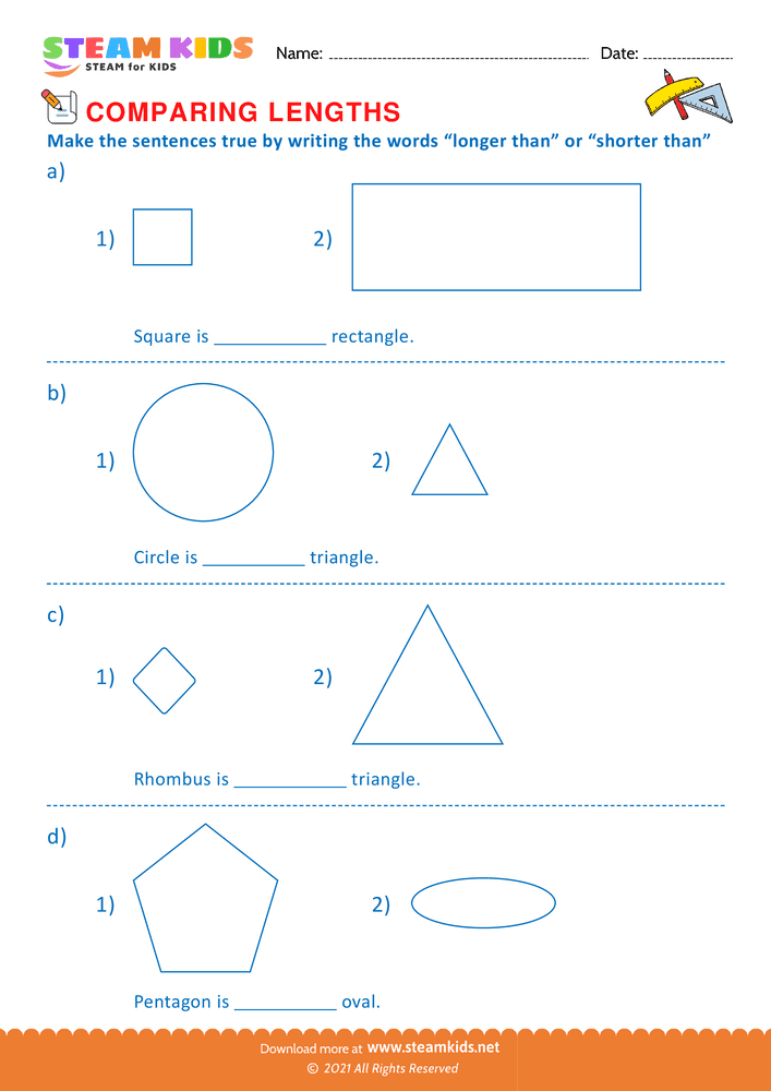 Free Math Worksheet - Compare length of objects - Worksheet 3