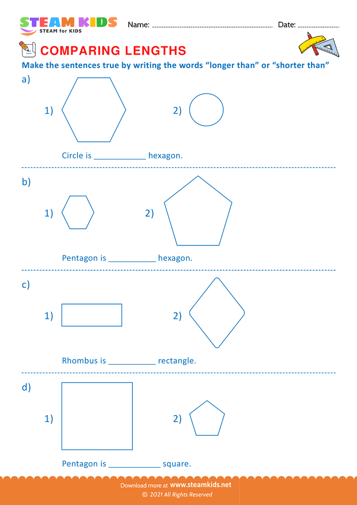 Free Math Worksheet - Compare length of objects - Worksheet 4