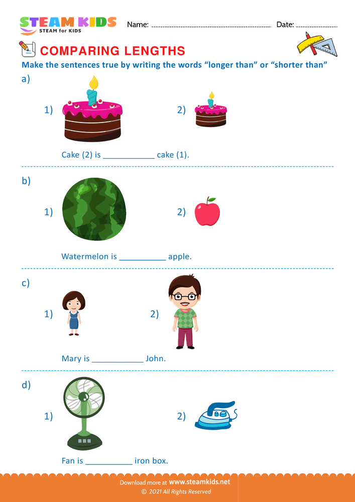 Free Math Worksheet - Compare length of objects - Worksheet 5